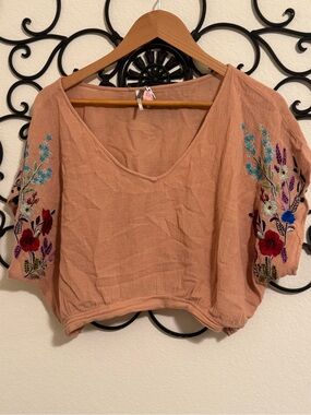 Free People Embroidered Flutter-Sleeve Crop Top